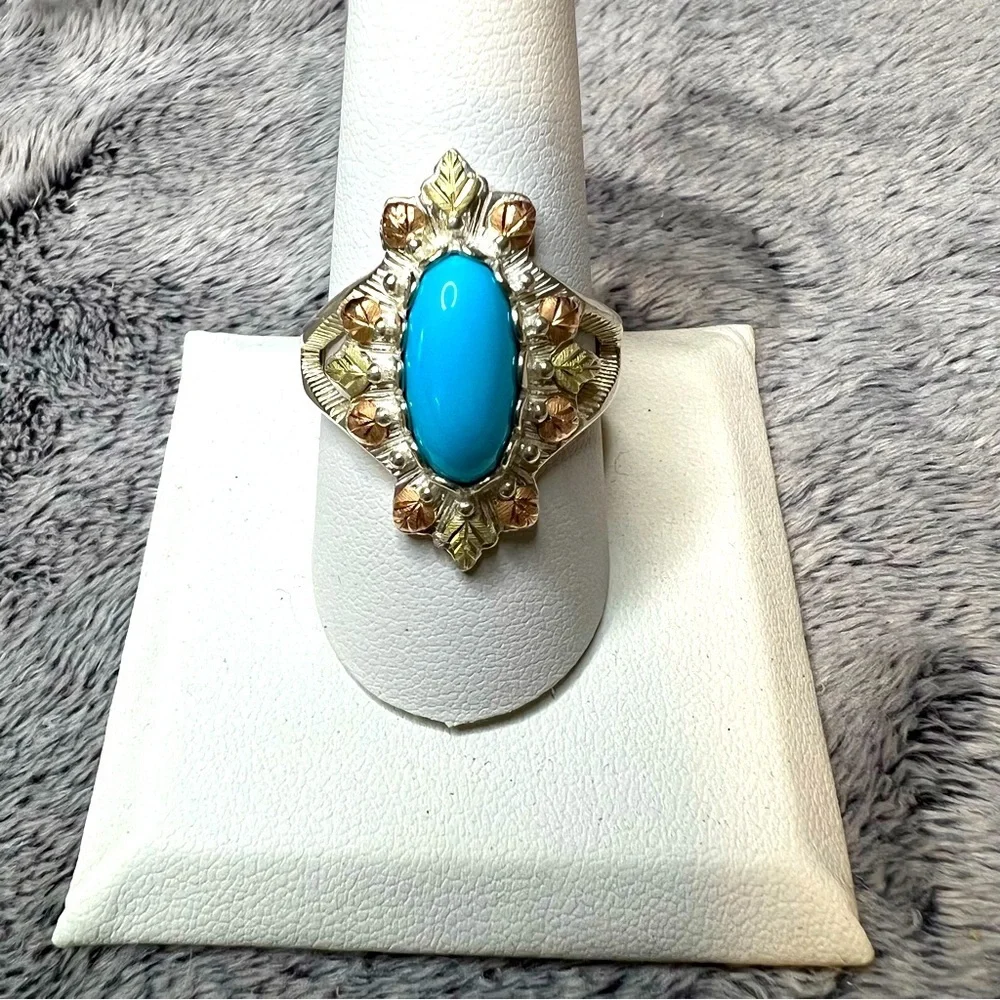 Black Hills Gold Sterling Silver Turquoise Leaves Ring Size 10